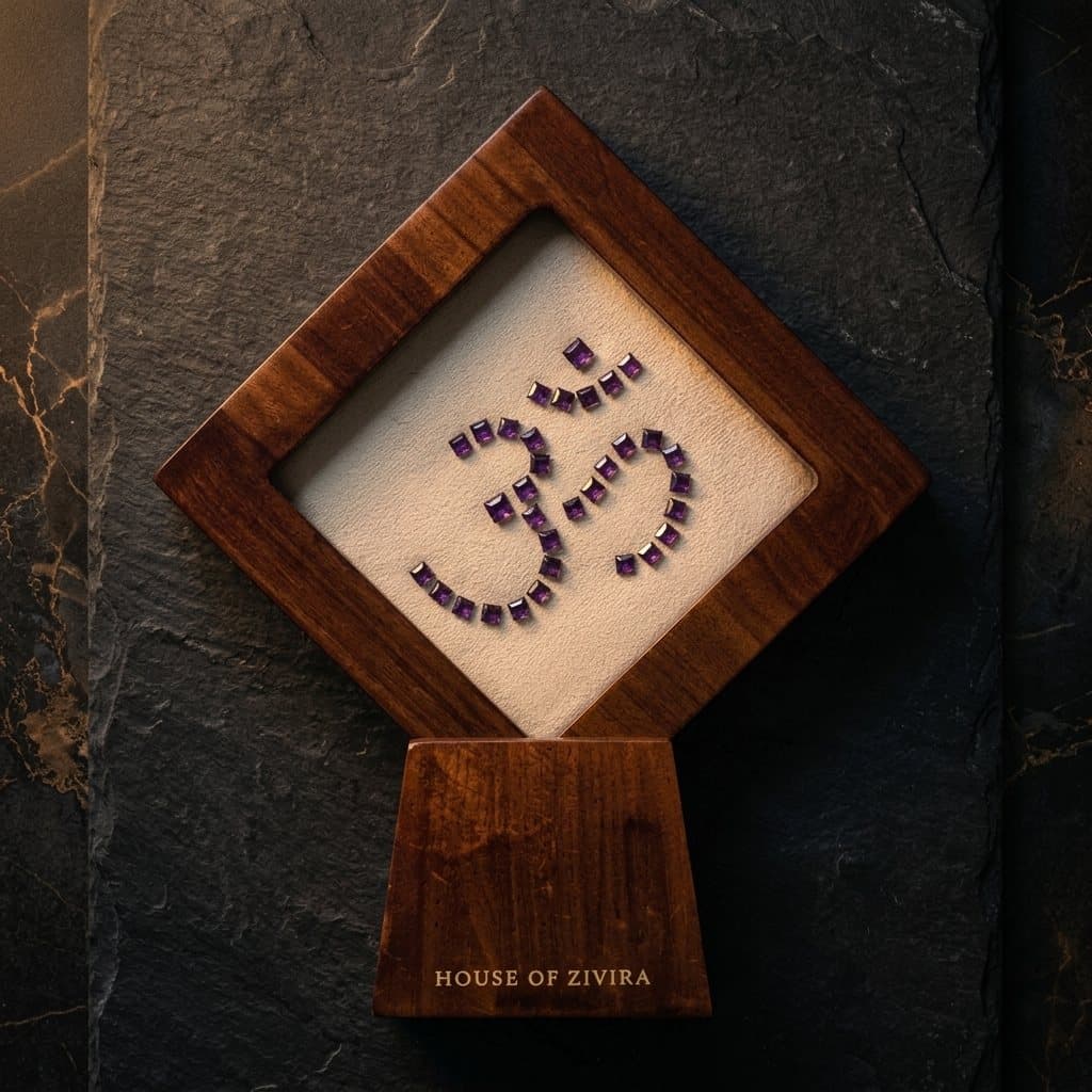 An Om symbol in square cut amethyst on cream suede, framed in walnut against dark slate