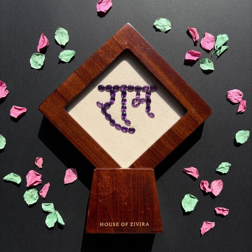 The name Shri Ram written in amethyst inside a walnut frame, standing on its own base