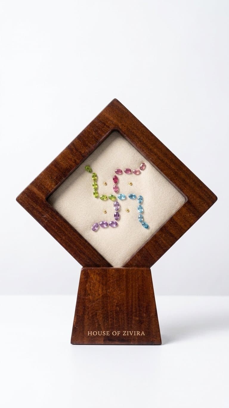 A Swastik set in four colours of natural gemstone, framed in walnut on its own engraved base