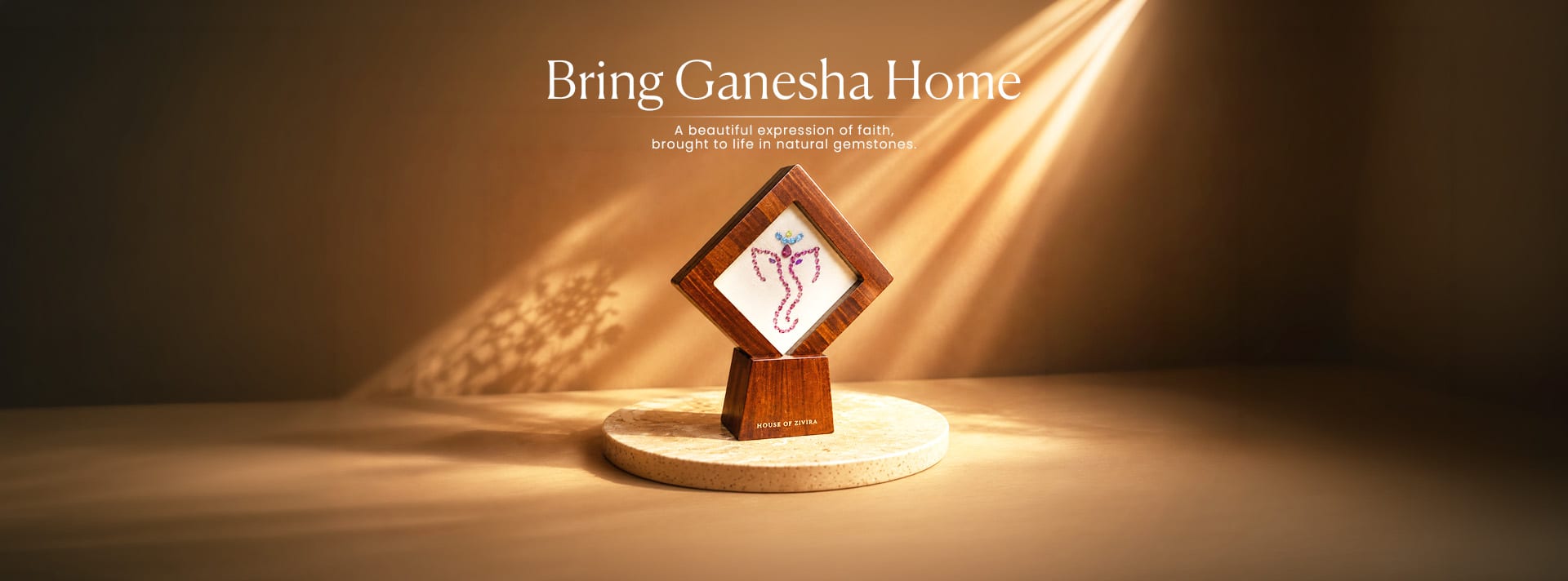 Ganesh front profile in natural gemstones, framed in walnut on its own stand, laid out with natural light from right side